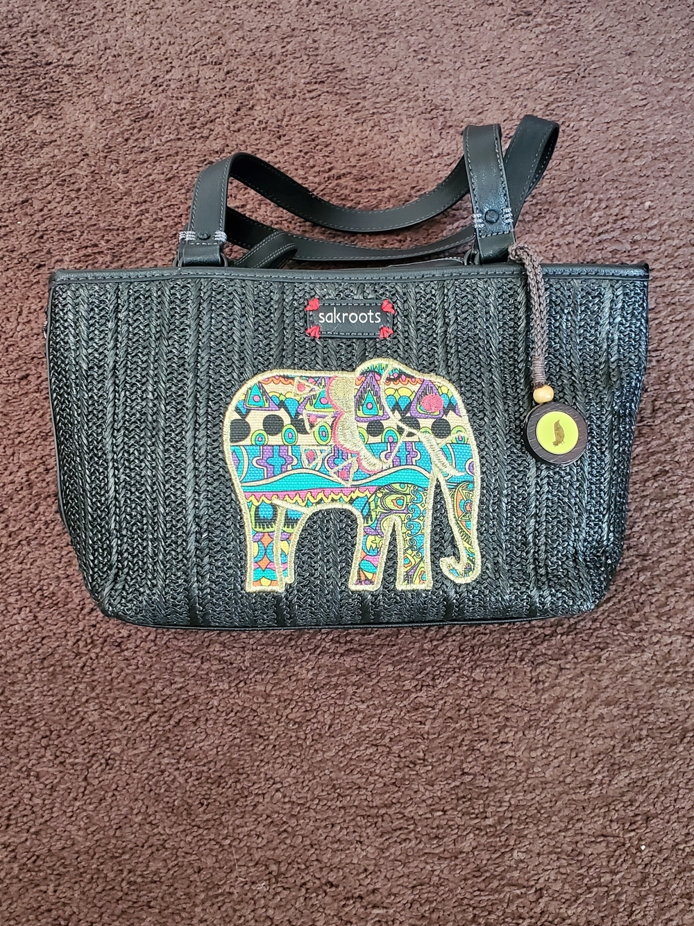 Sakroots Black Woven Tote with Colorful Elephant Motif